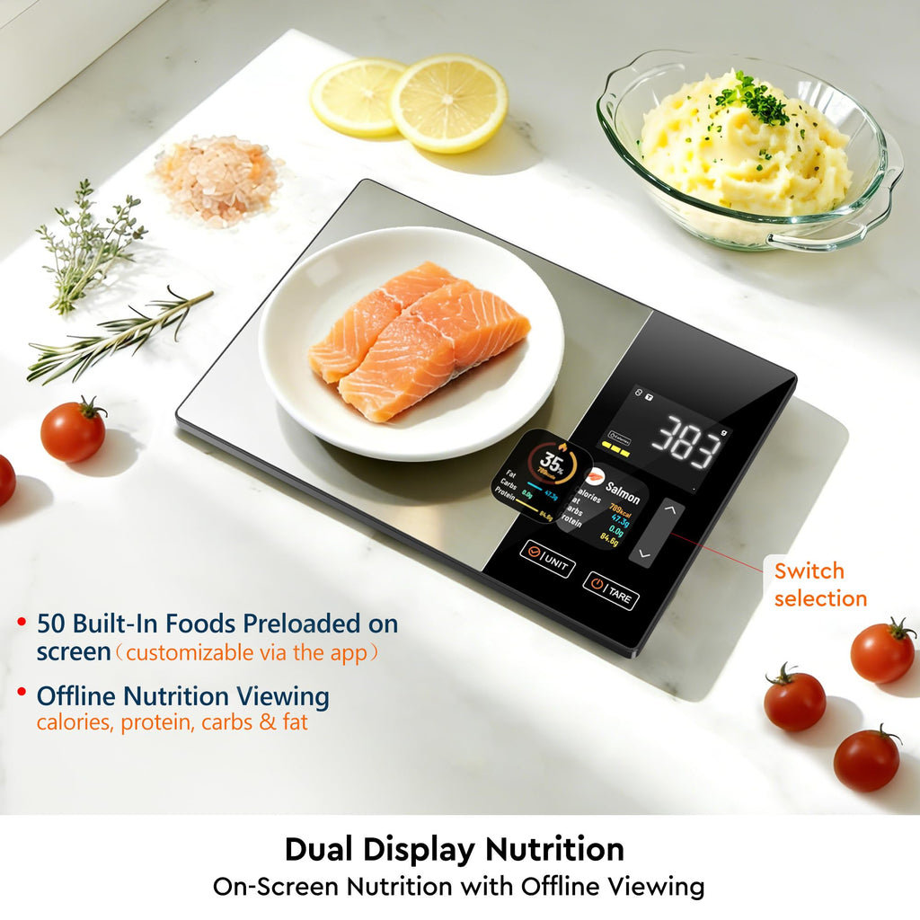 Smart Food Scale with Dual LED & TFT Nutrition Display, Stainless Steel Digital Kitchen Scale for Precise Calorie Counting & Macro Tracking, Works with App for Fitness & Keto, 5kg/1g