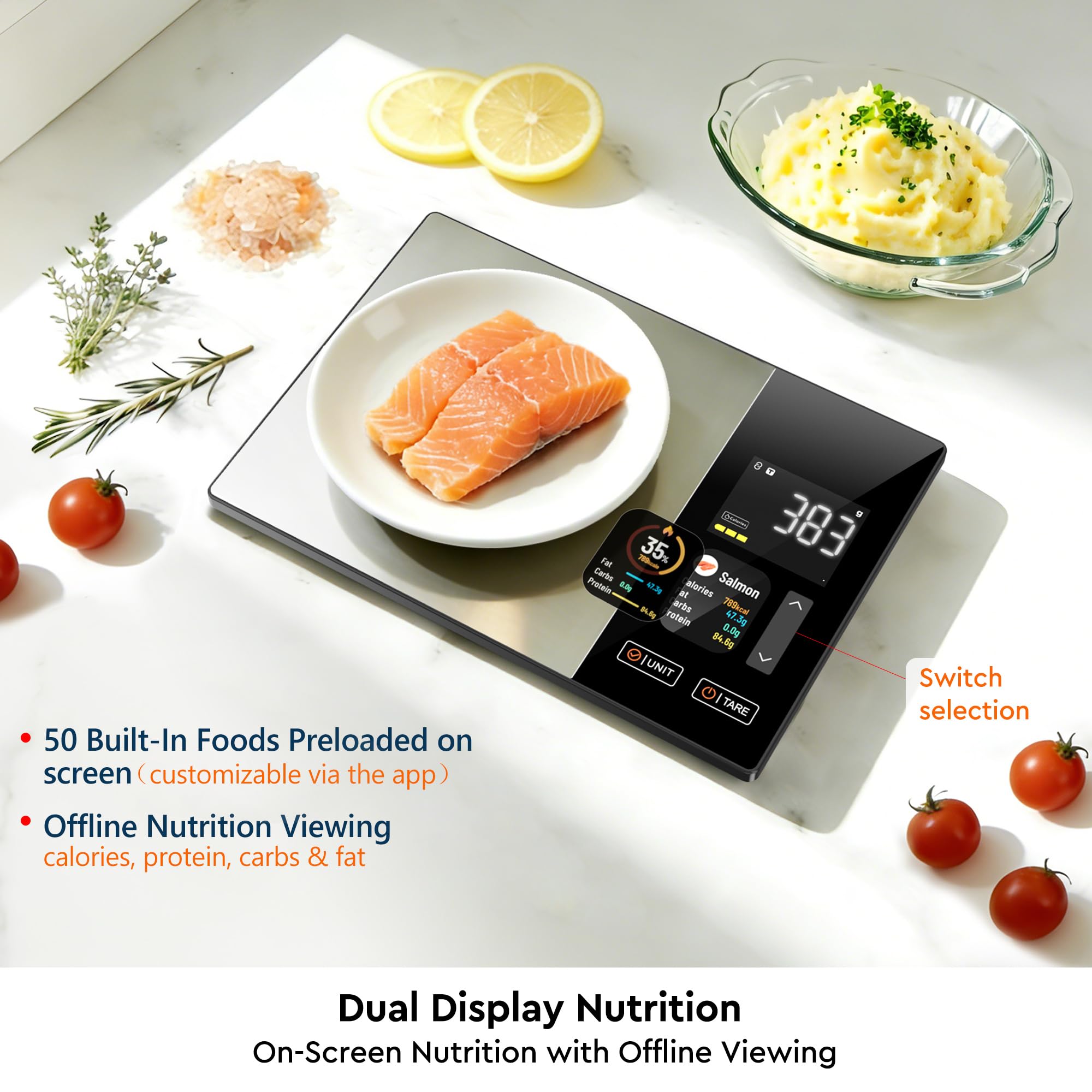 Smart Food Scale with Dual LED & TFT Nutrition Display, Stainless Steel Digital Kitchen Scale for Precise Calorie Counting & Macro Tracking, Works with App for Fitness & Keto, 5kg/1g