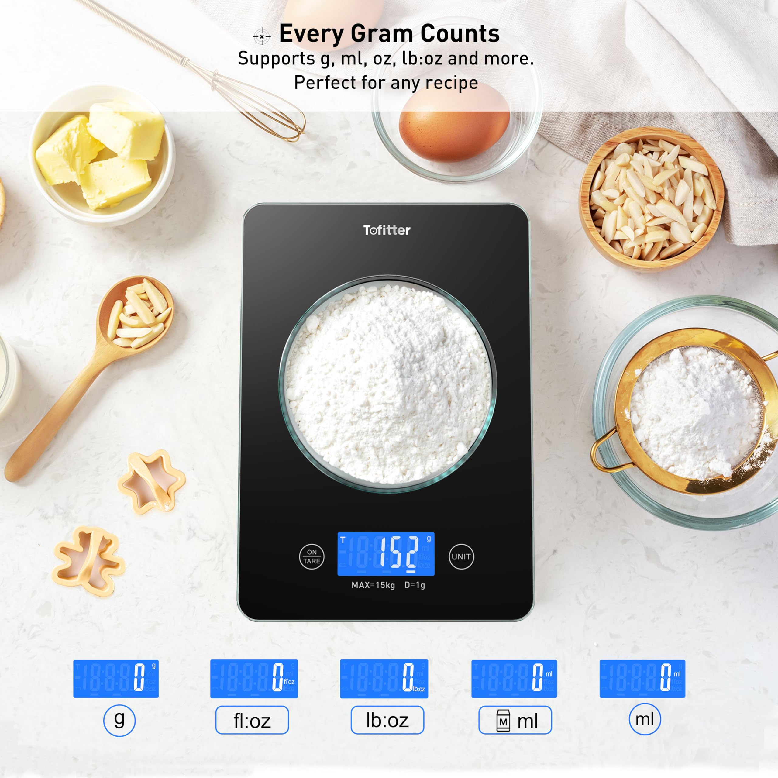 15kg Professional Digital Kitchen Scale - USB Rechargeable Precision Food Scale with Easy-Clean Glass Platform