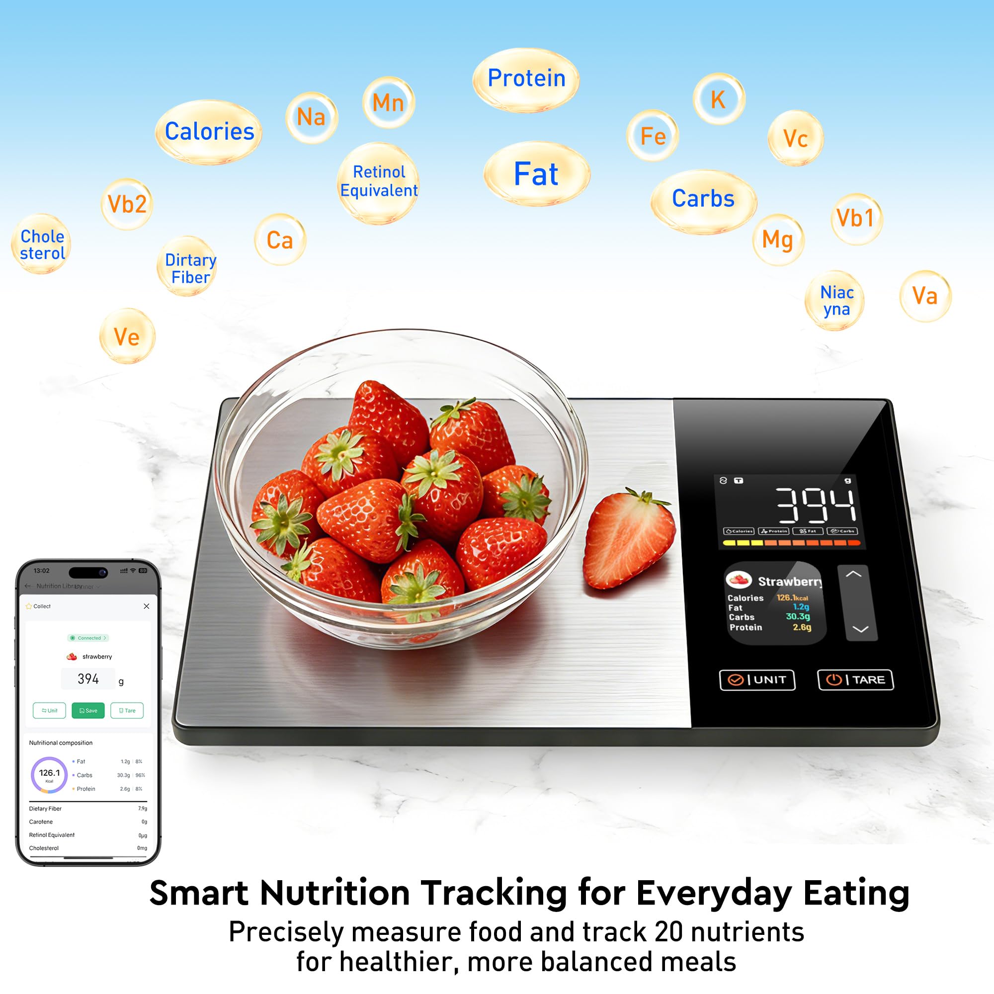 Smart Food Scale with Dual LED & TFT Nutrition Display, Stainless Steel Digital Kitchen Scale for Precise Calorie Counting & Macro Tracking, Works with App for Fitness & Keto, 5kg/1g