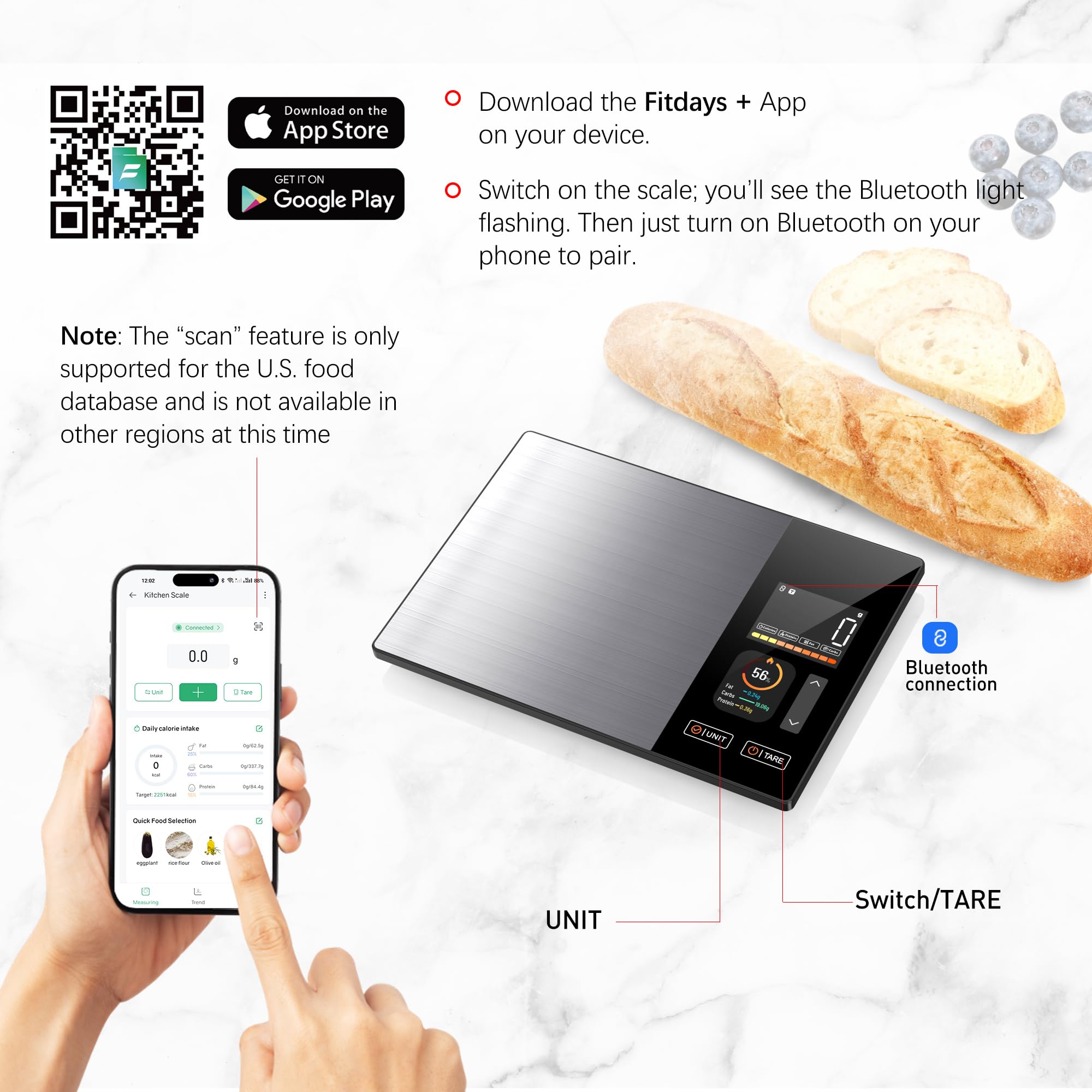 Smart Food Scale with Dual LED & TFT Nutrition Display, Stainless Steel Digital Kitchen Scale for Precise Calorie Counting & Macro Tracking, Works with App for Fitness & Keto, 5kg/1g