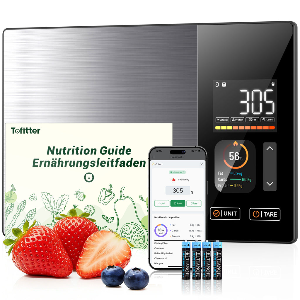 Smart Food Scale with Dual LED & TFT Nutrition Display, Stainless Steel Digital Kitchen Scale for Precise Calorie Counting & Macro Tracking, Works with App for Fitness & Keto, 5kg/1g