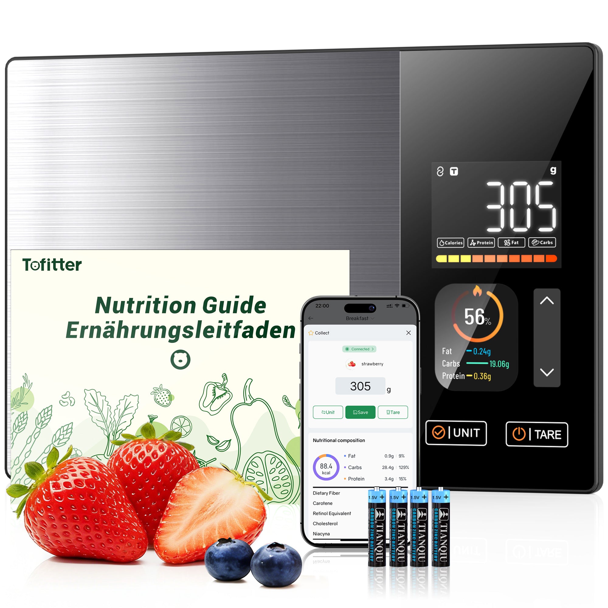 Smart Food Scale with Dual LED & TFT Nutrition Display, Stainless Steel Digital Kitchen Scale for Precise Calorie Counting & Macro Tracking, Works with App for Fitness & Keto, 5kg/1g