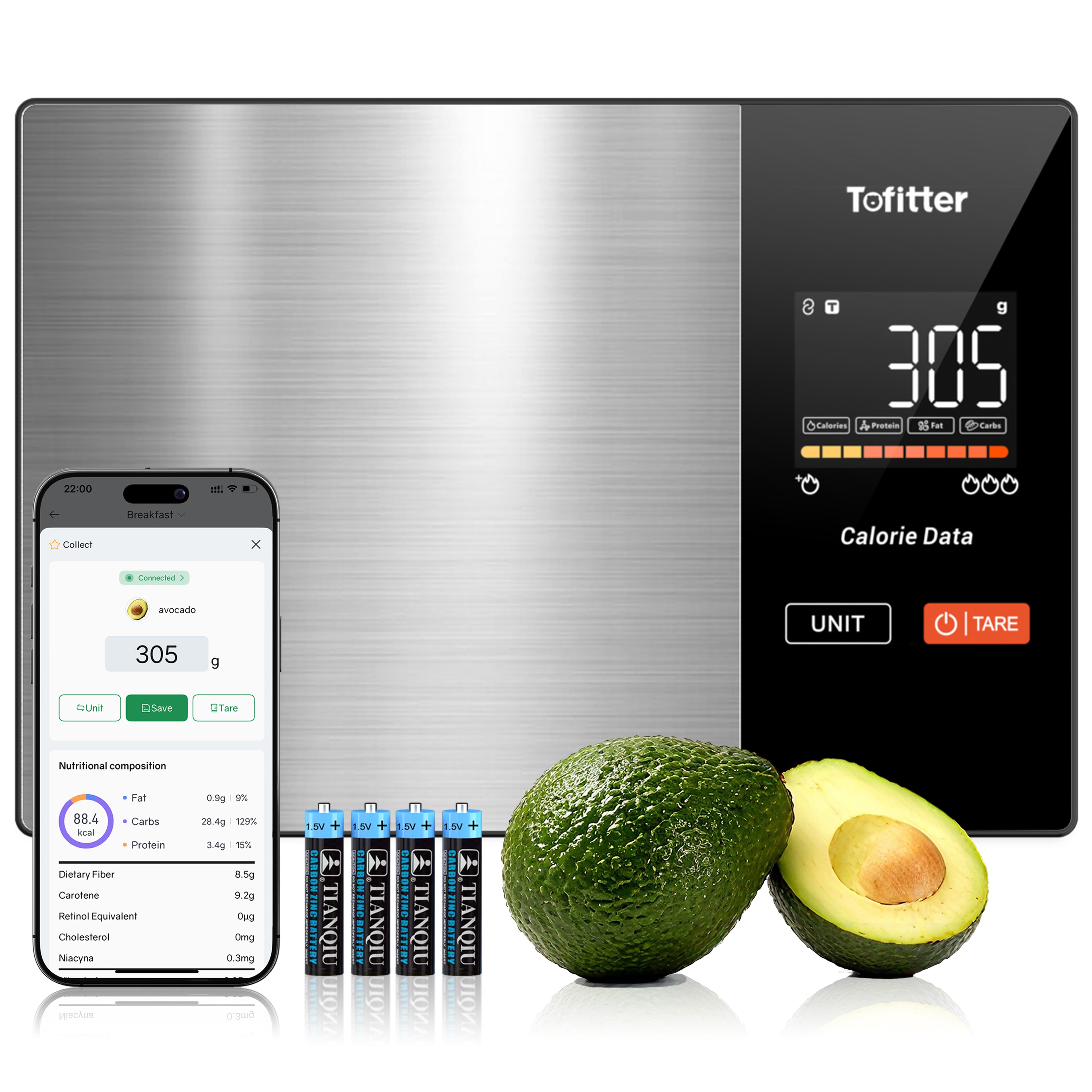 Tofitter Smart Kitchen Scale with Nutrition App - Bluetooth Food Scale for Calorie & Macro Tracking, Syncs with Fitdays+ for 23 Nutrients, 11lb/5kg Digital Scale for Weight Loss & Meal Prep, Precision Stainless Steel with LED Display & Tare Function