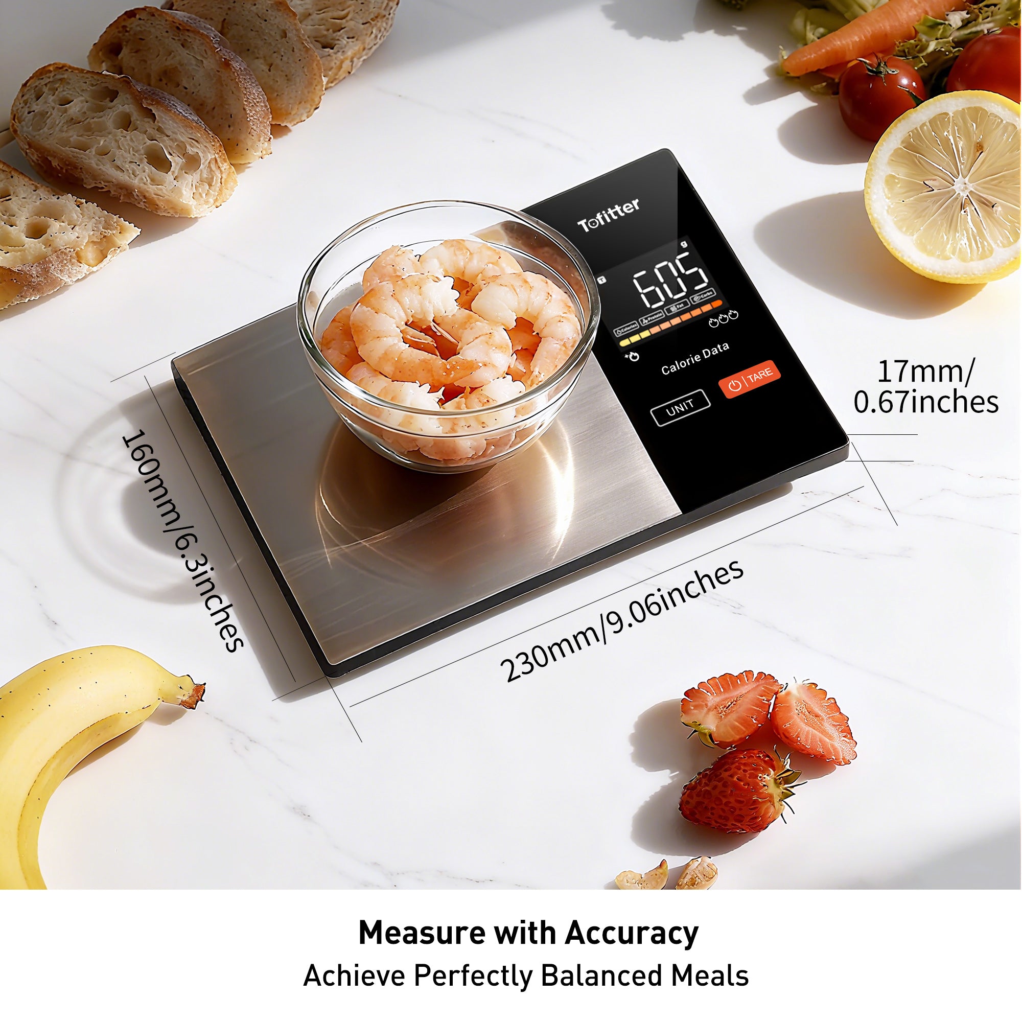 Tofitter Smart Kitchen Scale with Nutrition App - Bluetooth Food Scale for Calorie & Macro Tracking, Syncs with Fitdays+ for 23 Nutrients, 11lb/5kg Digital Scale for Weight Loss & Meal Prep, Precision Stainless Steel with LED Display & Tare Function