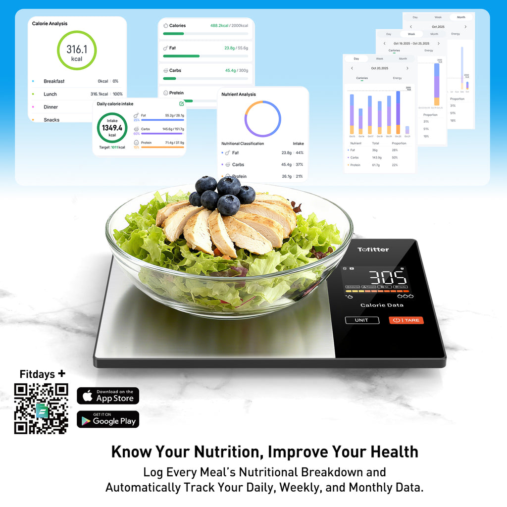 Tofitter Smart Kitchen Scale with Nutrition App - Bluetooth Food Scale for Calorie & Macro Tracking, Syncs with Fitdays+ for 23 Nutrients, 11lb/5kg Digital Scale for Weight Loss & Meal Prep, Precision Stainless Steel with LED Display & Tare Function
