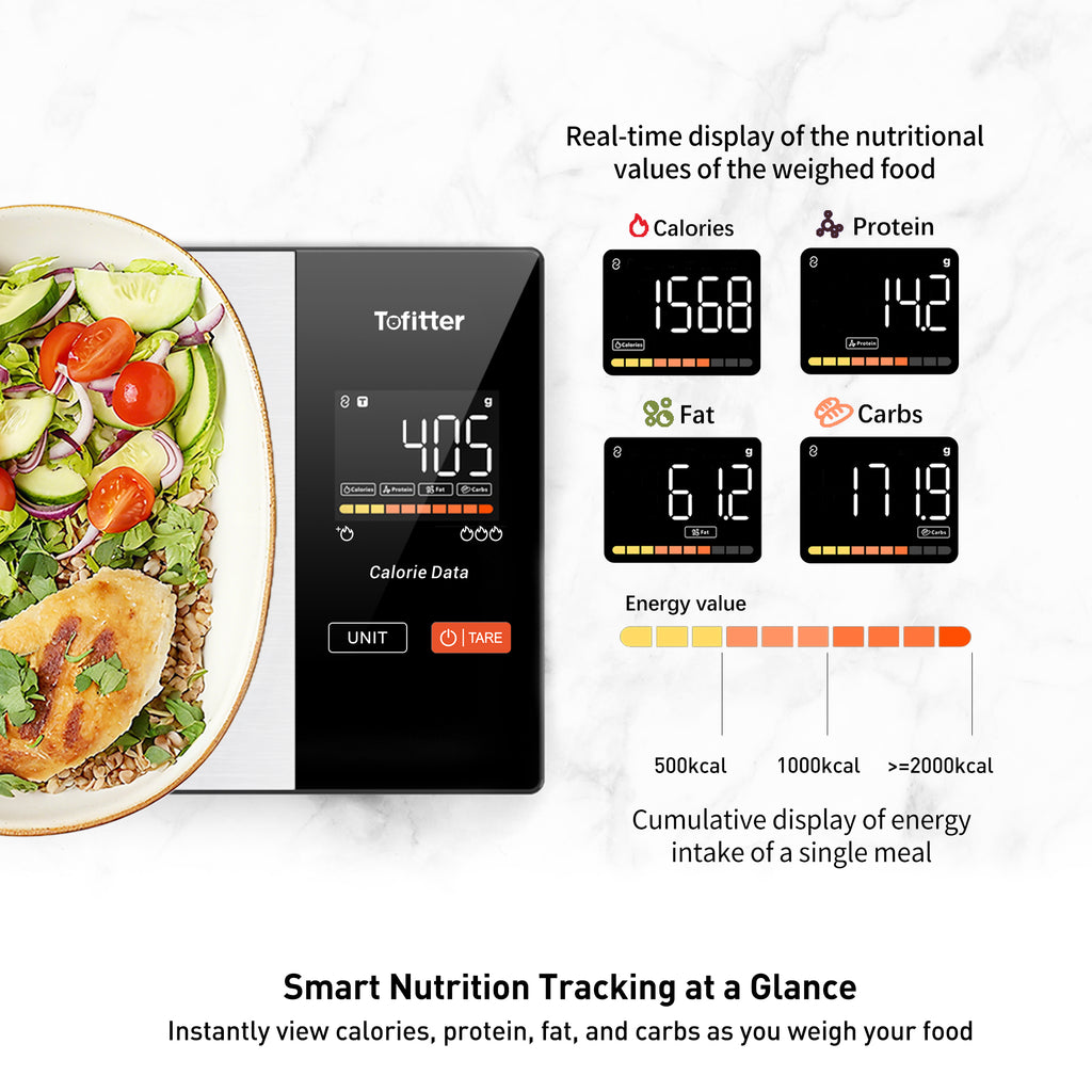 Tofitter Smart Kitchen Scale with Nutrition App - Bluetooth Food Scale for Calorie & Macro Tracking, Syncs with Fitdays+ for 23 Nutrients, 11lb/5kg Digital Scale for Weight Loss & Meal Prep, Precision Stainless Steel with LED Display & Tare Function