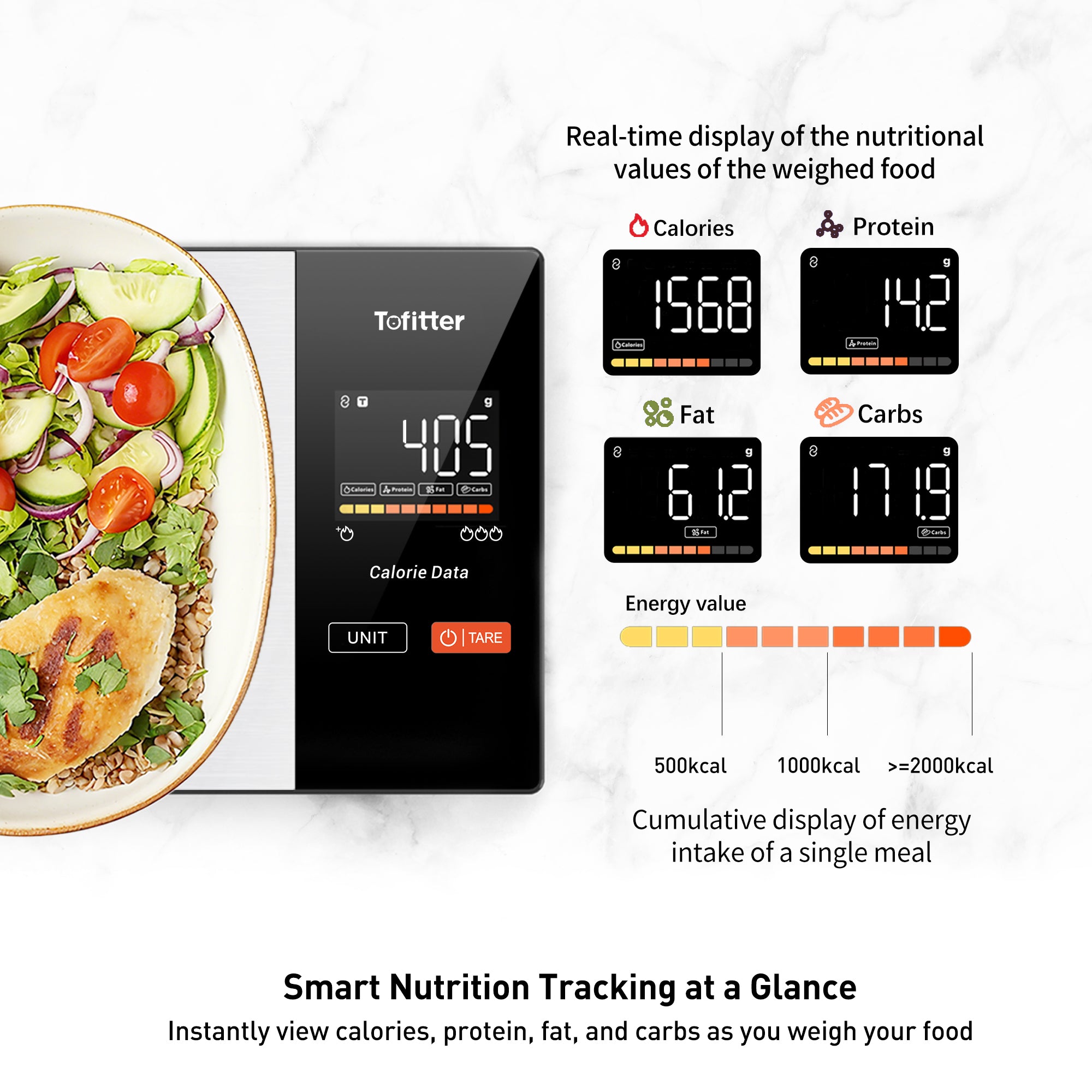 Tofitter Smart Kitchen Scale with Nutrition App - Bluetooth Food Scale for Calorie & Macro Tracking, Syncs with Fitdays+ for 23 Nutrients, 11lb/5kg Digital Scale for Weight Loss & Meal Prep, Precision Stainless Steel with LED Display & Tare Function
