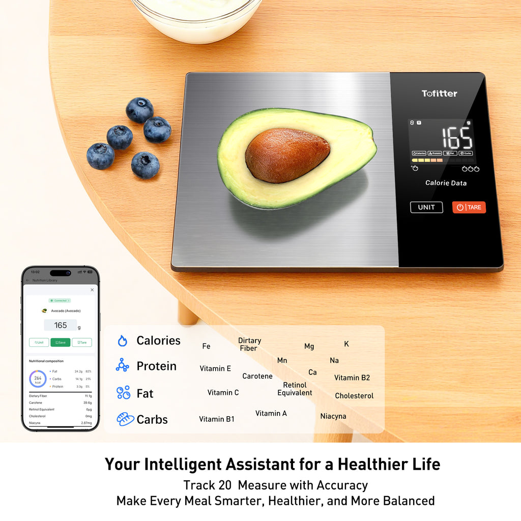 Tofitter Smart Kitchen Scale with Nutrition App - Bluetooth Food Scale for Calorie & Macro Tracking, Syncs with Fitdays+ for 23 Nutrients, 11lb/5kg Digital Scale for Weight Loss & Meal Prep, Precision Stainless Steel with LED Display & Tare Function