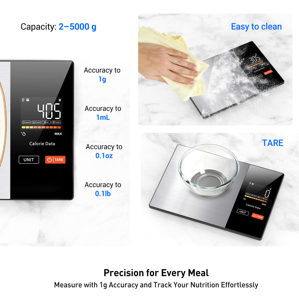 Tofitter Smart Kitchen Scale with Nutrition App - Bluetooth Food Scale for Calorie & Macro Tracking, Syncs with Fitdays+ for 23 Nutrients, 11lb/5kg Digital Scale for Weight Loss & Meal Prep, Precision Stainless Steel with LED Display & Tare Function