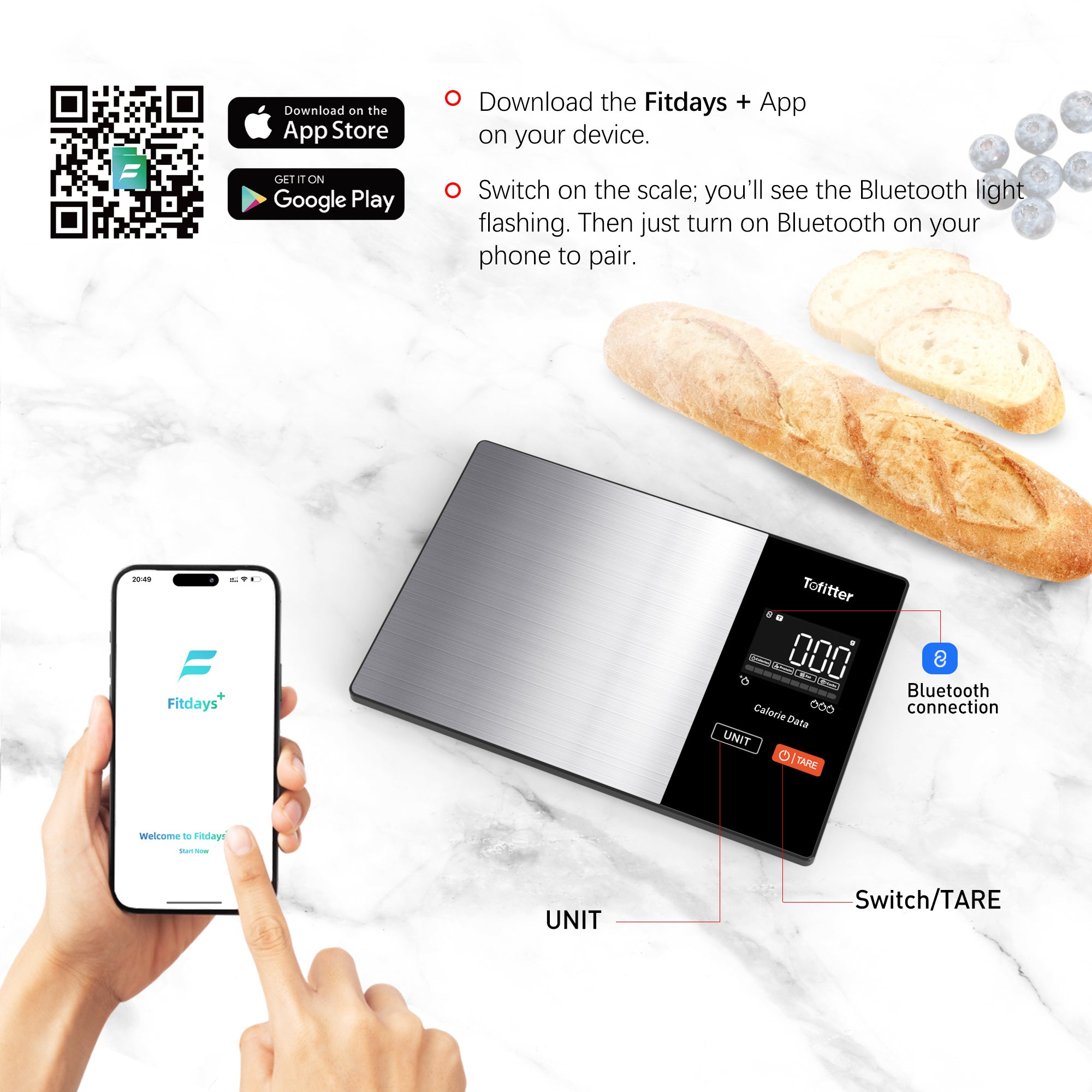 Tofitter Smart Kitchen Scale with Nutrition App - Bluetooth Food Scale for Calorie & Macro Tracking, Syncs with Fitdays+ for 23 Nutrients, 11lb/5kg Digital Scale for Weight Loss & Meal Prep, Precision Stainless Steel with LED Display & Tare Function